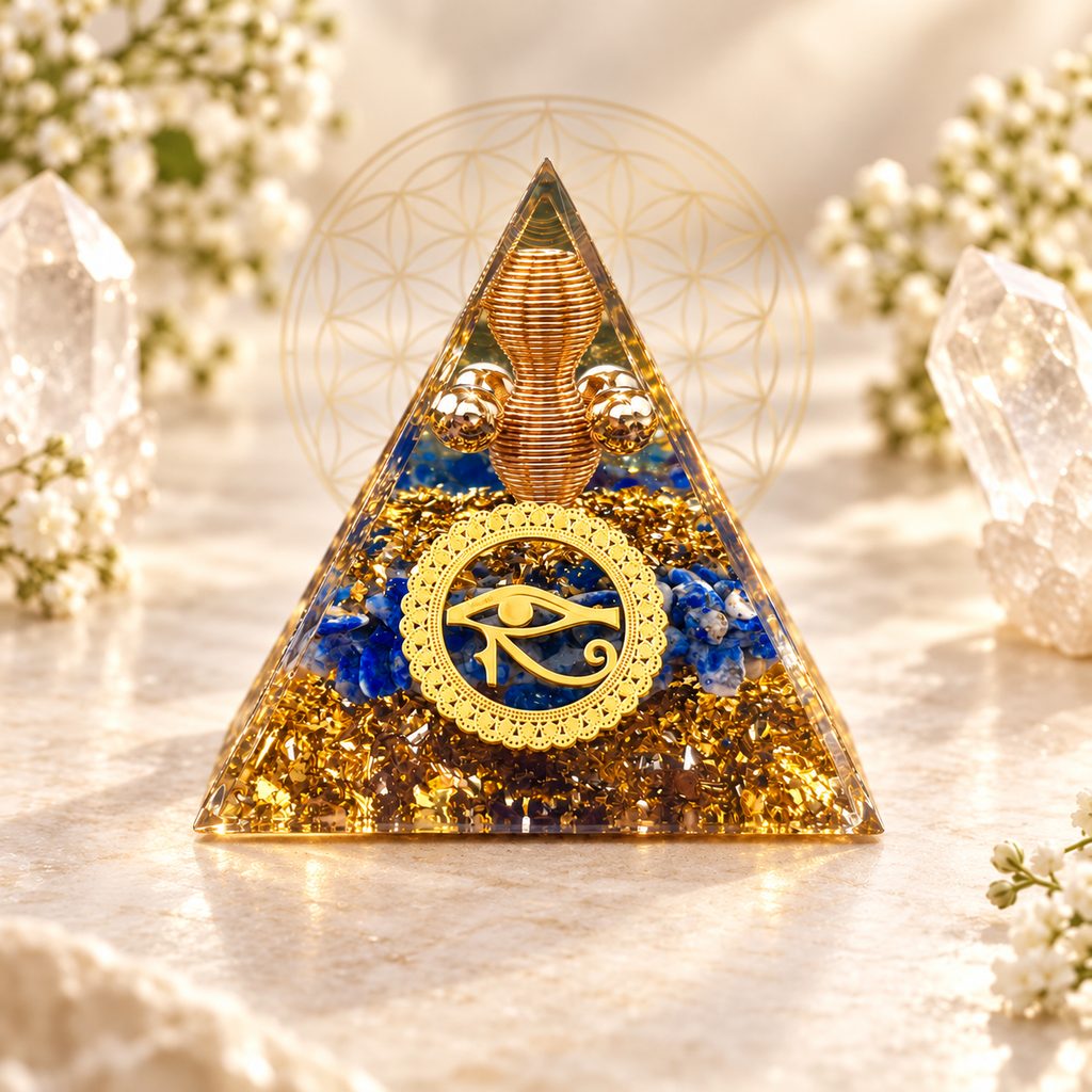 PIRÂMIDE DE ORGONITE OLHO DE HÓRUS COM LÁPIS-LAZÚLI - PROTEÇÃO, SABEDORIA E VISÃO INTERIOR