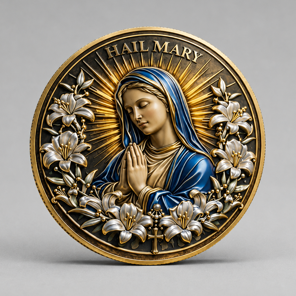 MOEDA SAGRADA AVE MARIA - VIRGEM MARIA EM DOURADO. FÉ, ORAÇÃO E DEVOÇÃO