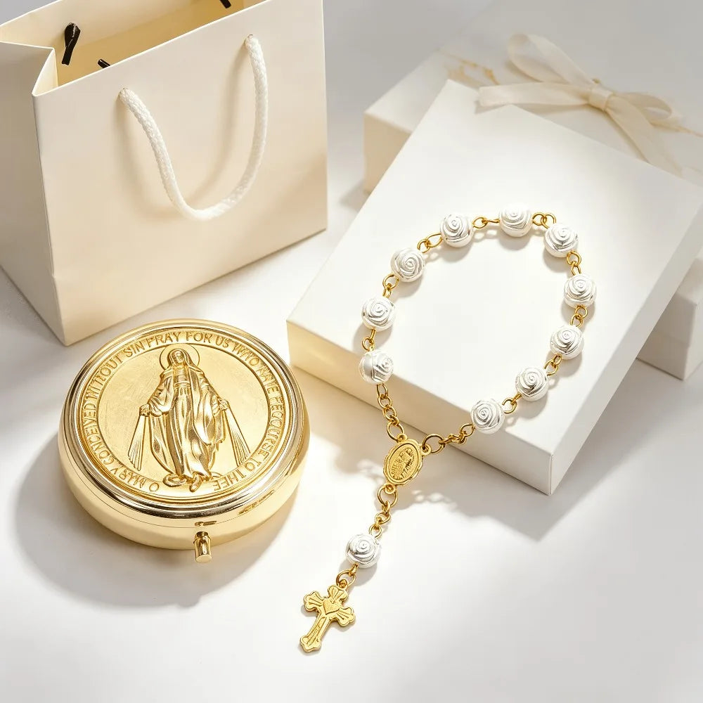 PULSEIRA DE ROSÁRIO COM ESTOJO DA VIRGEM MARIA – FÉ E DELICADEZA