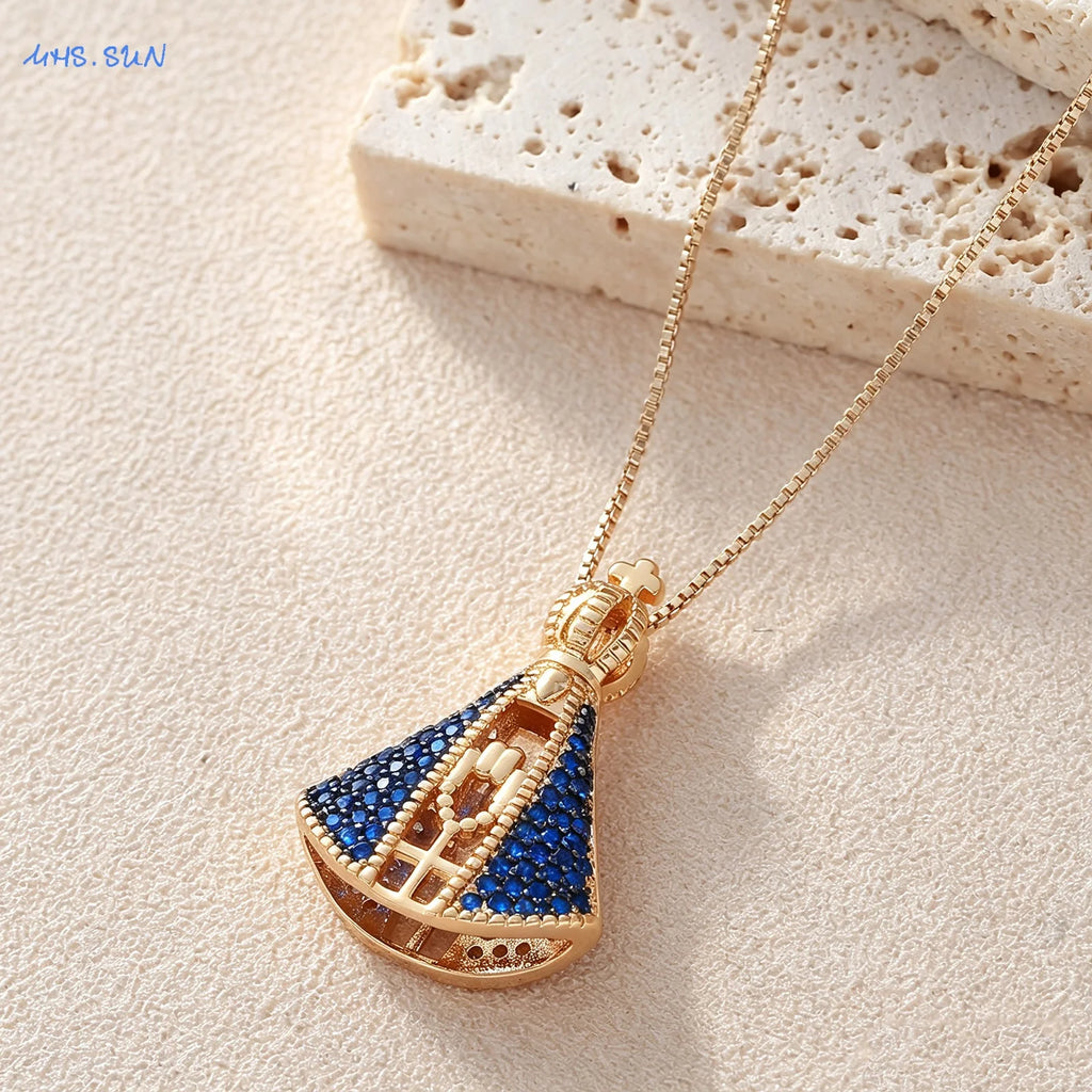 COLAR NOSSA SENHORA APARECIDA COM ZIRCÔNIAS – AZUL E DOURADO