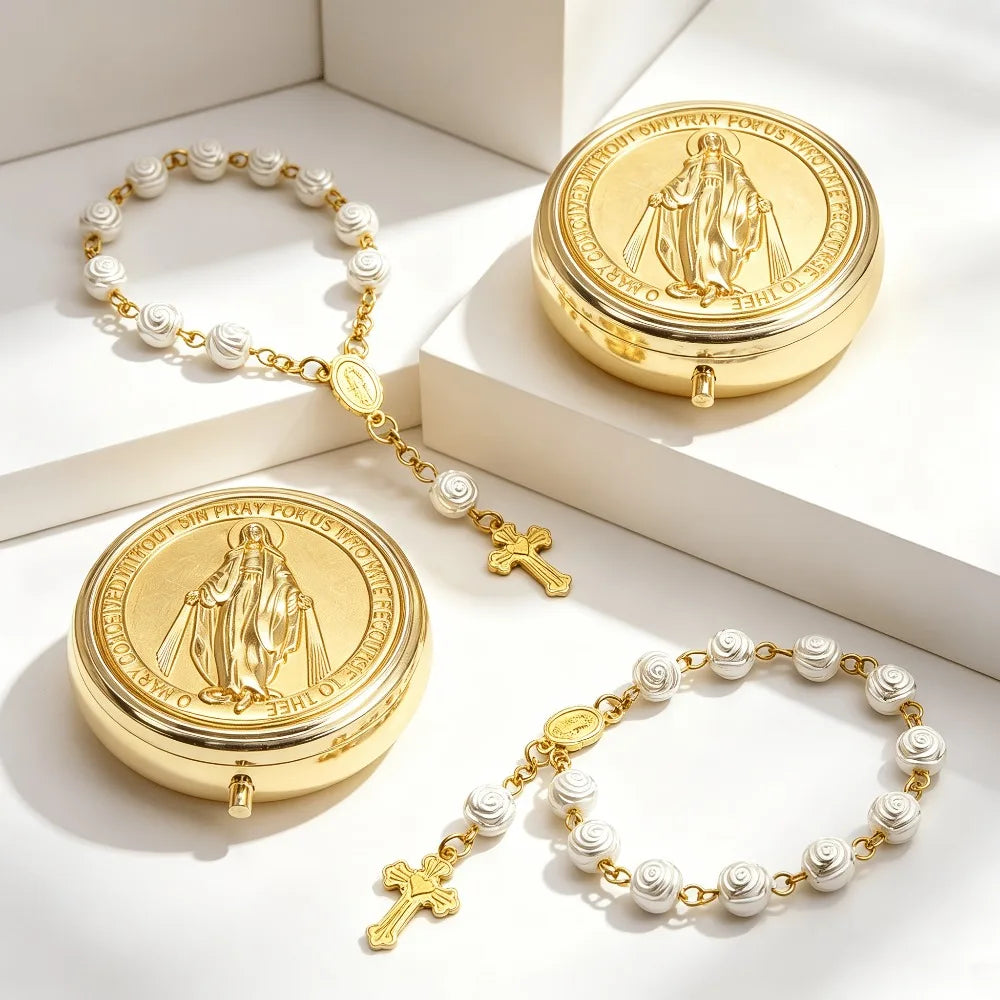 PULSEIRA DE ROSÁRIO COM ESTOJO DA VIRGEM MARIA – FÉ E DELICADEZA