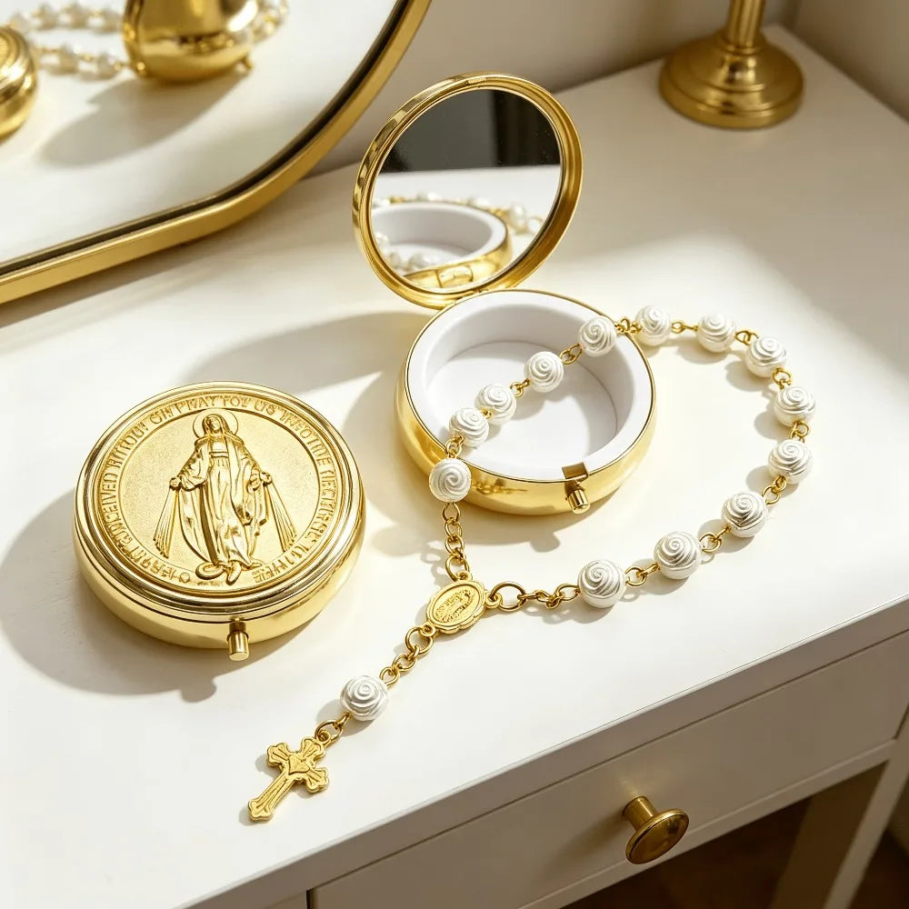 PULSEIRA DE ROSÁRIO COM ESTOJO DA VIRGEM MARIA – FÉ E DELICADEZA