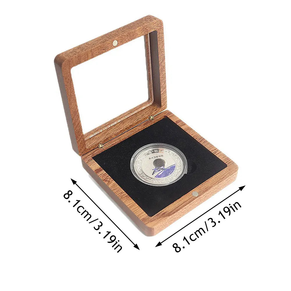 CAIXA EXPOSITORA DE MADEIRA PARA MOEDA – TAMPA TRANSPARENTE