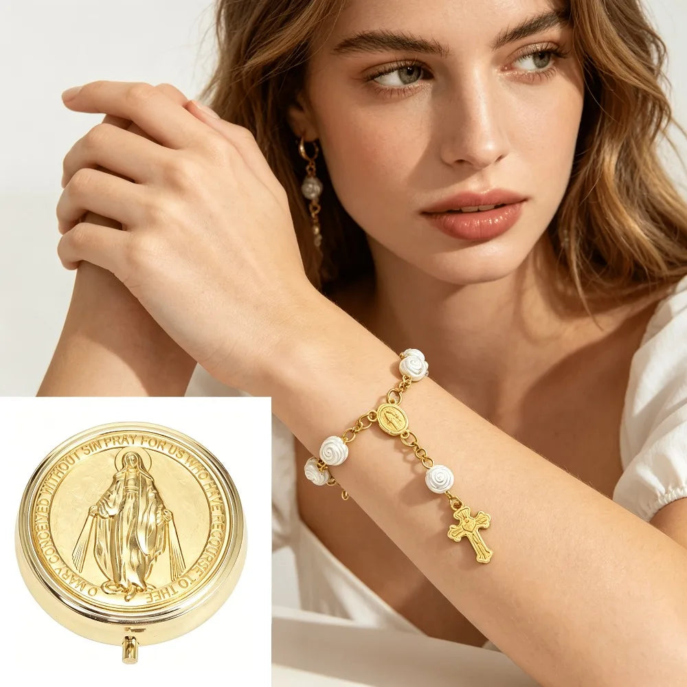 PULSEIRA DE ROSÁRIO COM ESTOJO DA VIRGEM MARIA – FÉ E DELICADEZA