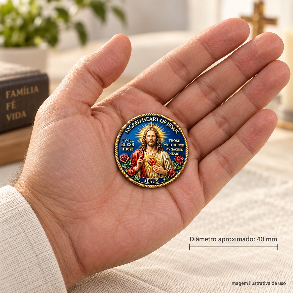 MOEDA DO SAGRADO CORAÇÃO DE JESUS – AMOR, MISERICÓRDIA E DEVOÇÃO. SALVAI NOSSAS ALMAS — imagem ilustrativa de uso e tamanho aproximado