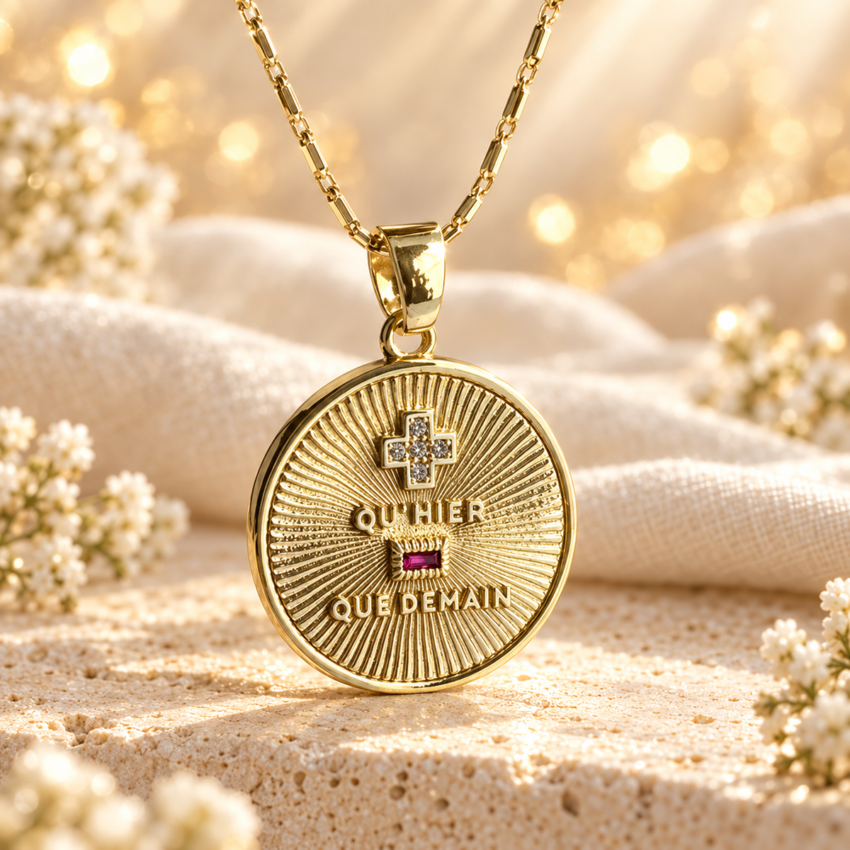 Colar Amor em Francês com medalha dourada de 22 mm e corrente Tile Chain, em cenário claro AURA555.