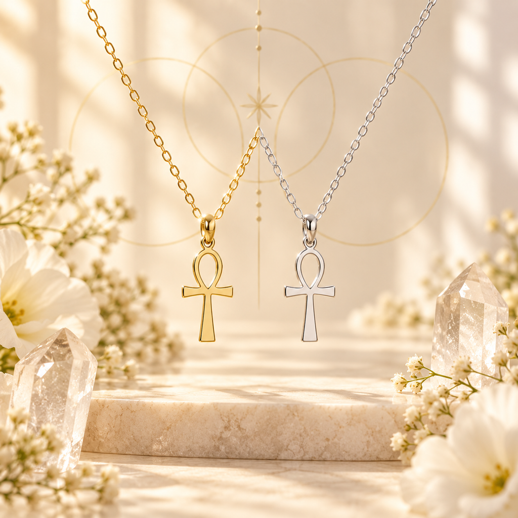 Colares Ankh egípcios dourado e prateado em composição Aura555