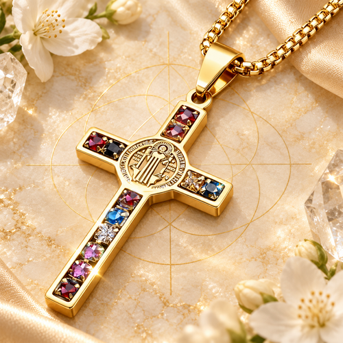 Colar cruz de São Bento com zircônias em composição Aura555