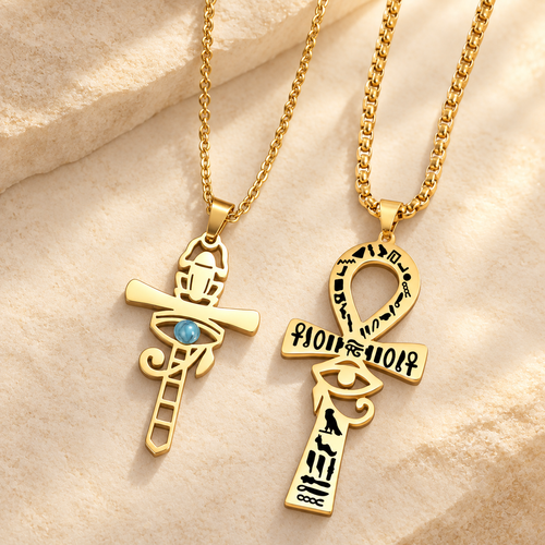 Colares Olho de Hórus e Ankh em fundo marfim Aura555