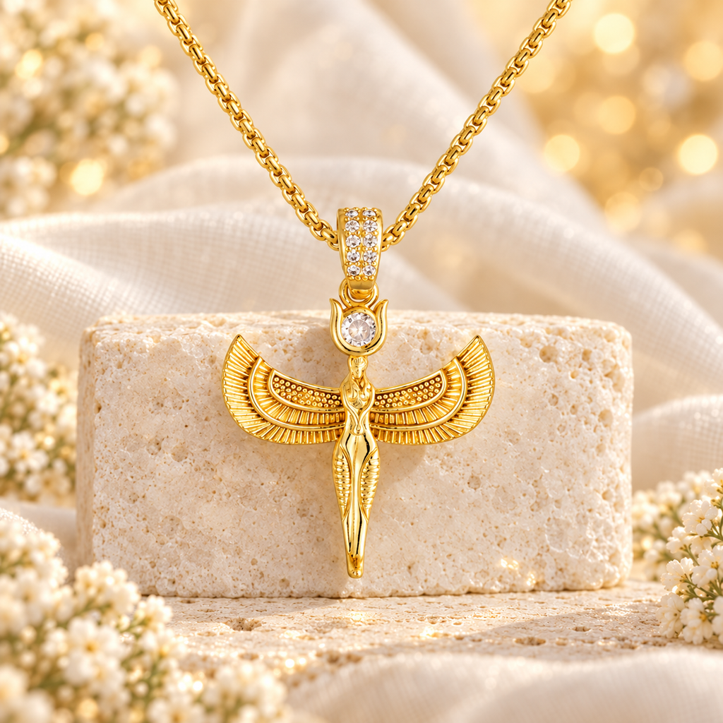 Colar de Ísis dourado com asas abertas, zircônias e corrente Box, em cenário claro AURA555.