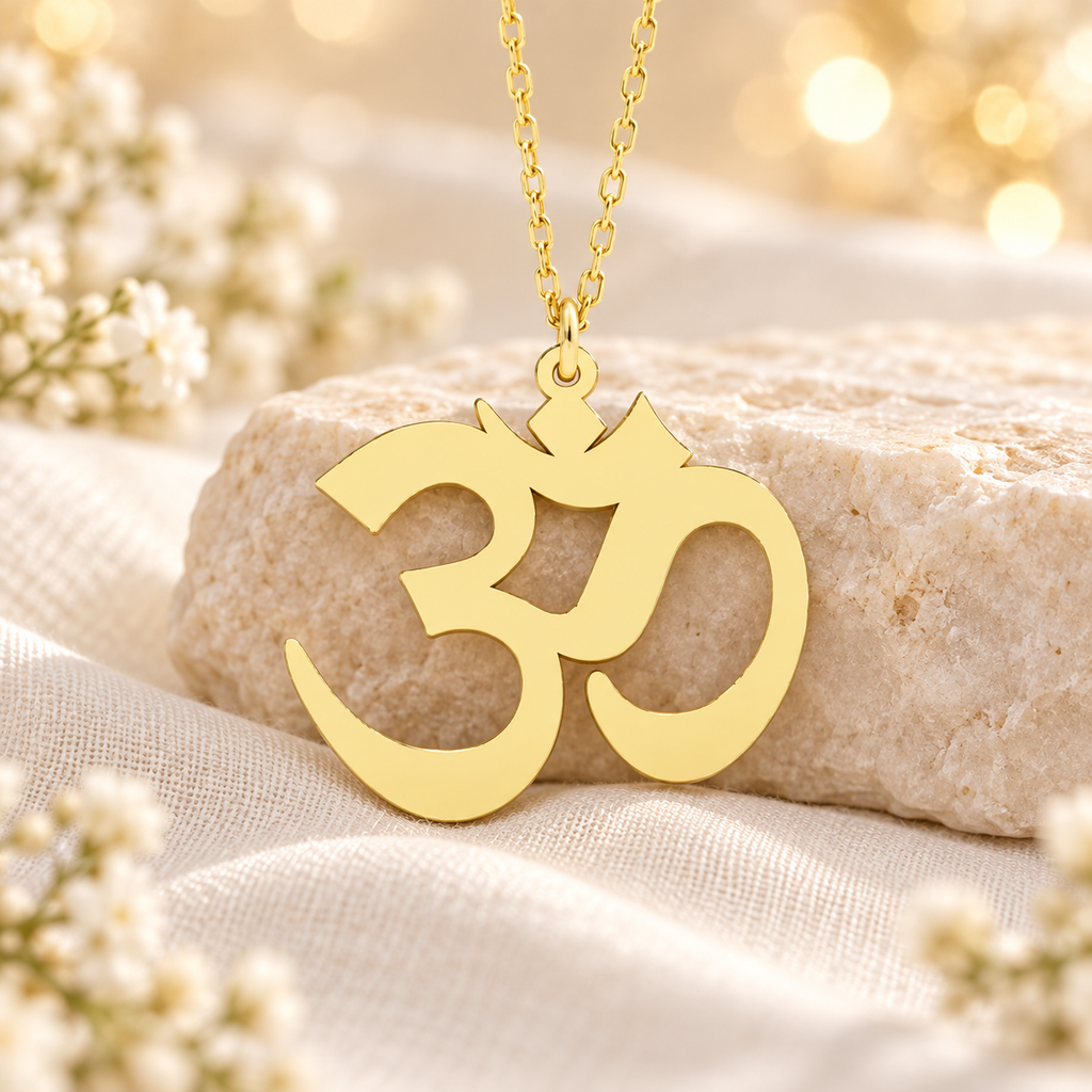 Colar Om em aço inoxidável com acabamento dourado e corrente delicada, em cenário claro AURA555.