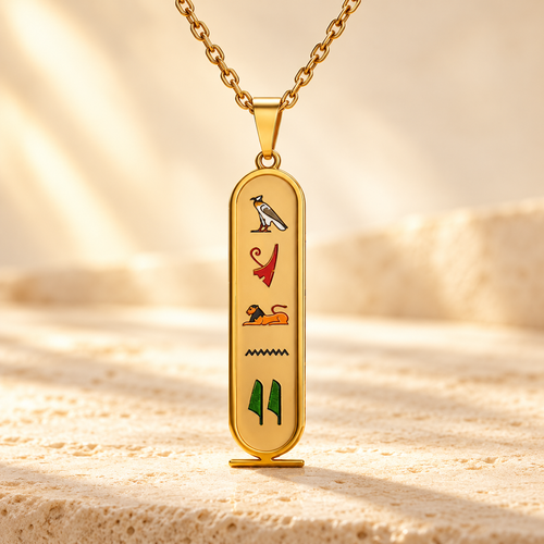 Colar personalizado com símbolos egípcios em fundo marfim Aura555