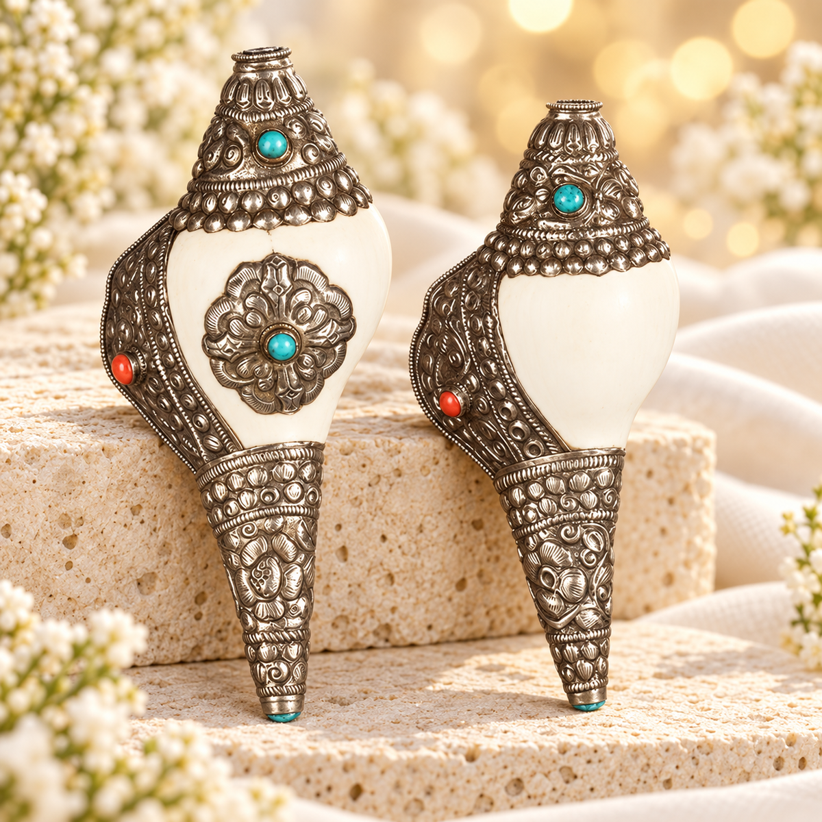 Dois modelos de concha budista decorativa, de 17 e 18 cm, com detalhes em tons prateado, vermelho e turquesa; vendidos individualmente.