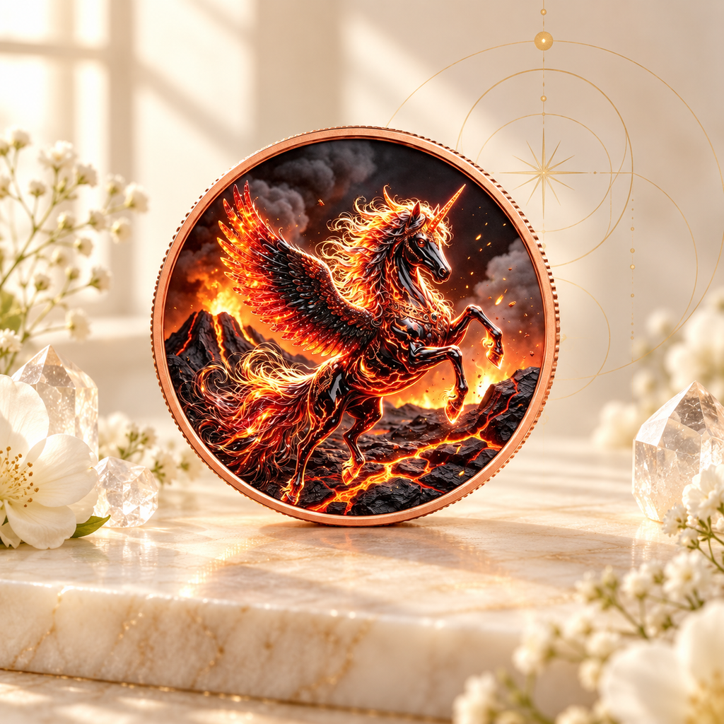 MOEDA UNICÓRNIO DE FOGO — IMAGINAÇÃO EM MOVIMENTO — cenário dourado AURA555