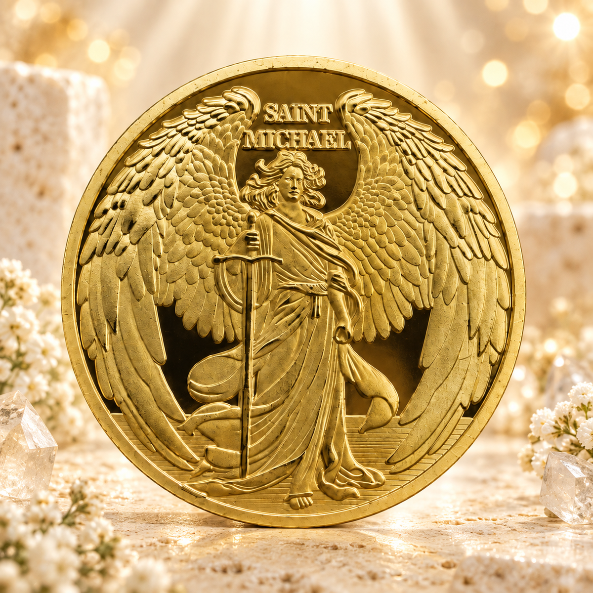 MOEDA DE ARCANJO SÃO MIGUEL - PROTEÇÃO PARA QUEM VOCÊ AMA - COM SALMO 91. — cenário dourado AURA555