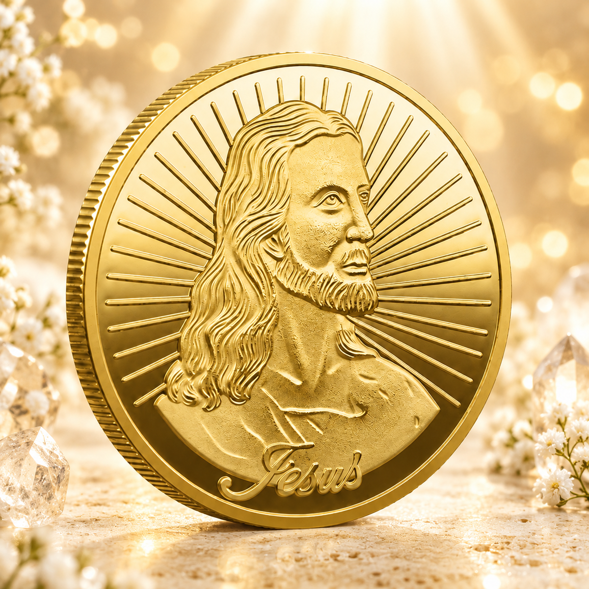MOEDA SAGRADA DE JESUS RADIANTE - JOÃO 3:16 - GRAVADO EM DOURADO. — cenário dourado AURA555