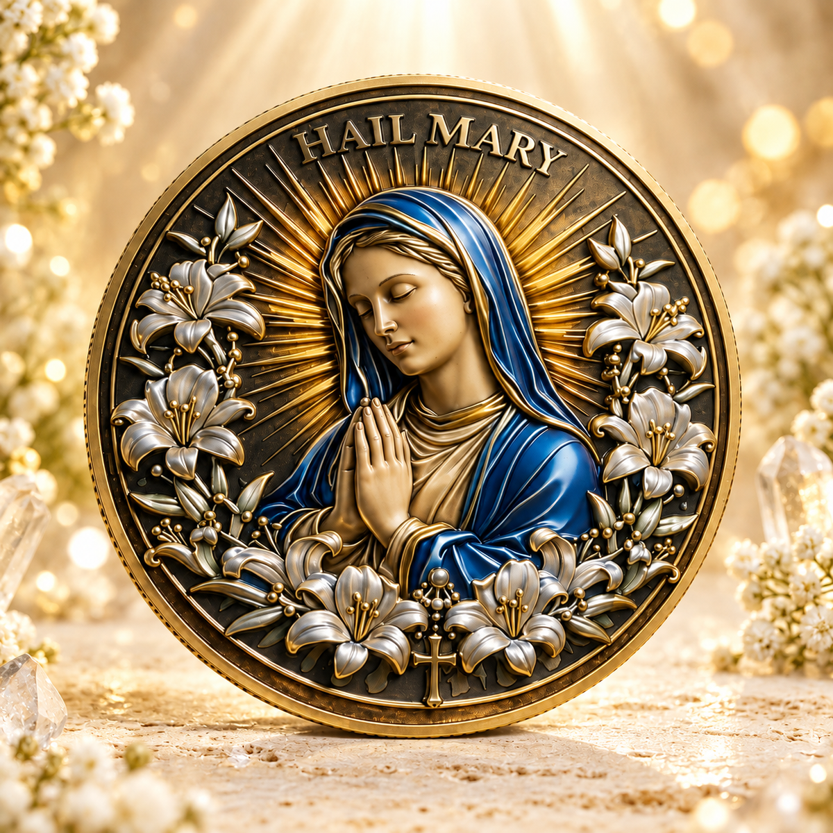 MOEDA SAGRADA AVE MARIA - VIRGEM MARIA EM DOURADO. FÉ, ORAÇÃO E DEVOÇÃO — cenário dourado AURA555