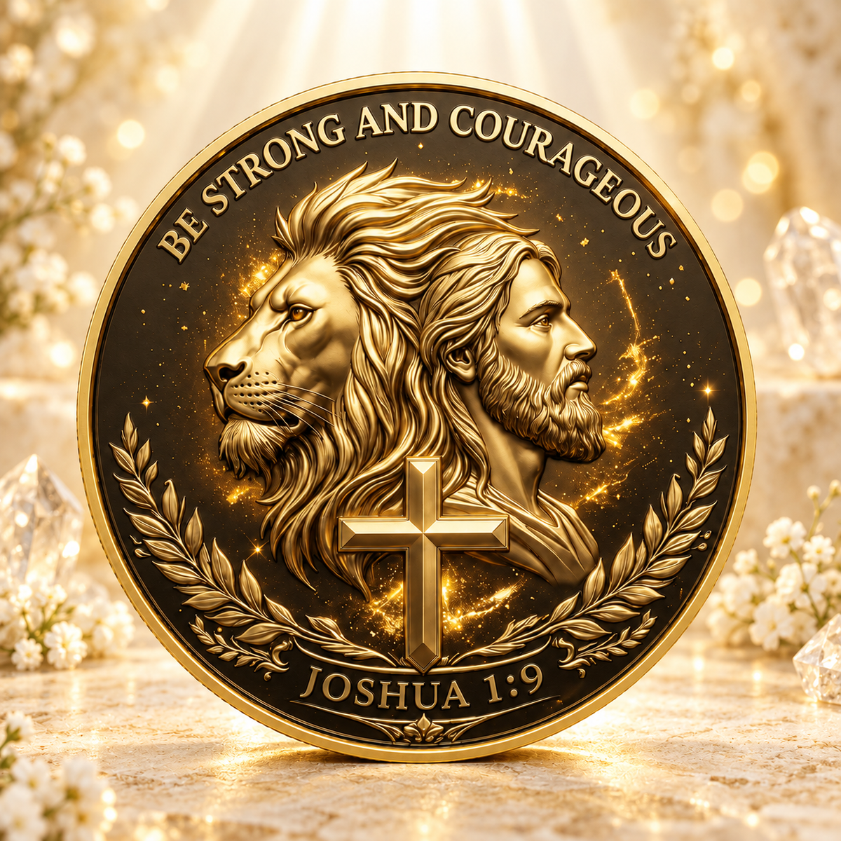 MOEDA SEJA FORTE E CORAJOSO - JESUS E O LEÃO. JOSUÉ 1:9 E PROVÉRBIOS 28:1 — cenário dourado AURA555