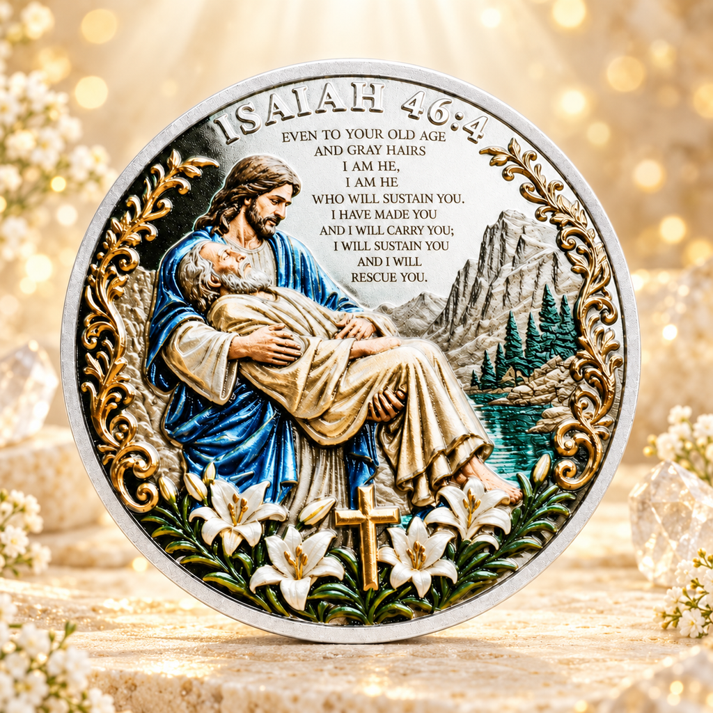MOEDA BÍBLICA ISAÍAS 46:4 – EU O SUSTENTAREI E O RESGATAREI. JESUS E O CORDEIRO — cenário dourado AURA555