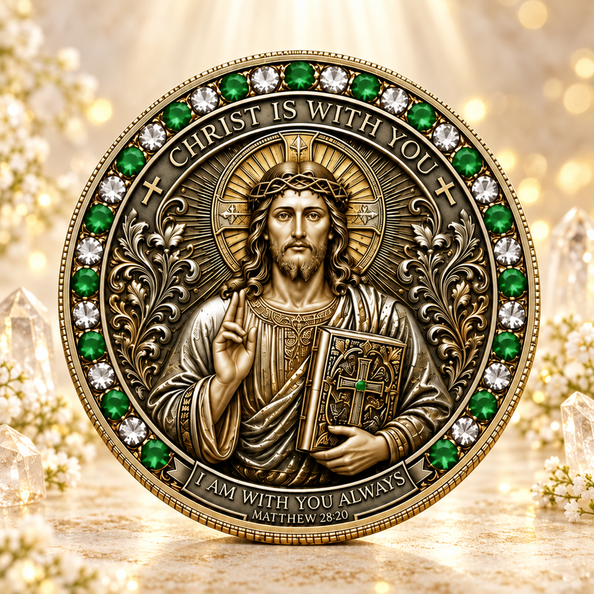 MOEDA COMEMORATIVA JESUS CRISTO E ORAÇÃO DO PAI-NOSSO – MATEUS 28:20. PRESENTE CRISTÃO DOURADO — cenário dourado AURA555