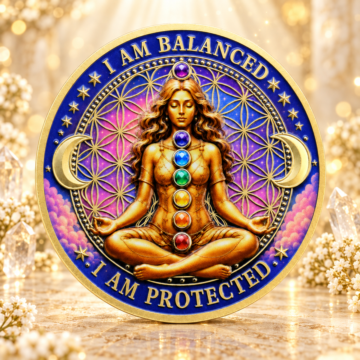 MOEDA DOS 7 CHAKRAS E ÁRVORE DA VIDA – EU ESTOU EQUILIBRADA E PROTEGIDA — cenário dourado AURA555