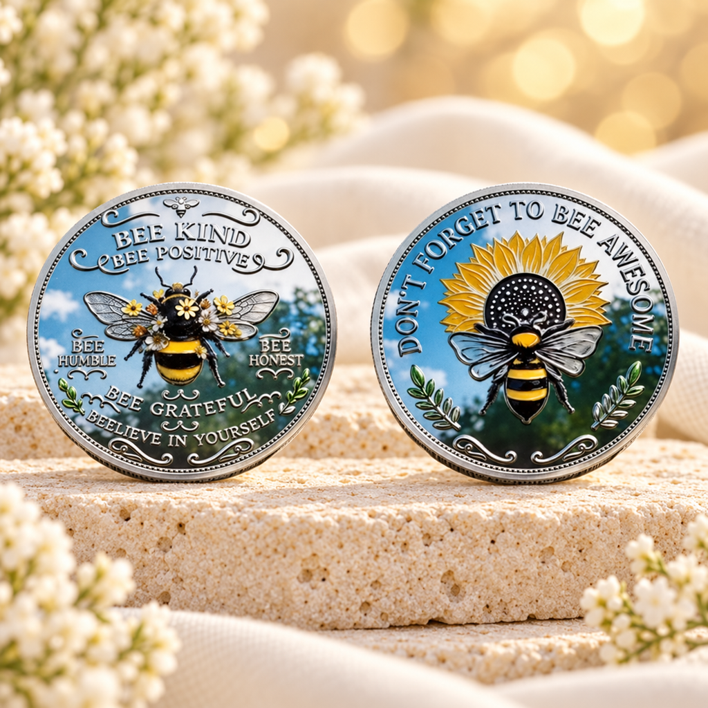 Frente e verso do modelo Abelha Bee Kind, com flores e mensagens em inglês; uma moeda por unidade.