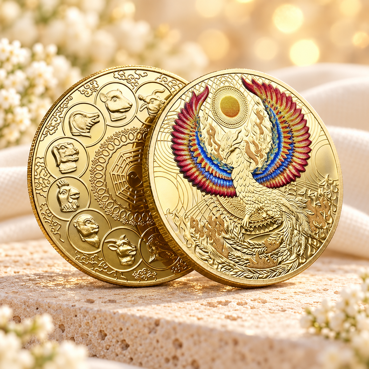 Frente e verso da moeda Fênix com acabamento dourado e zodíaco chinês, sobre fundo claro.