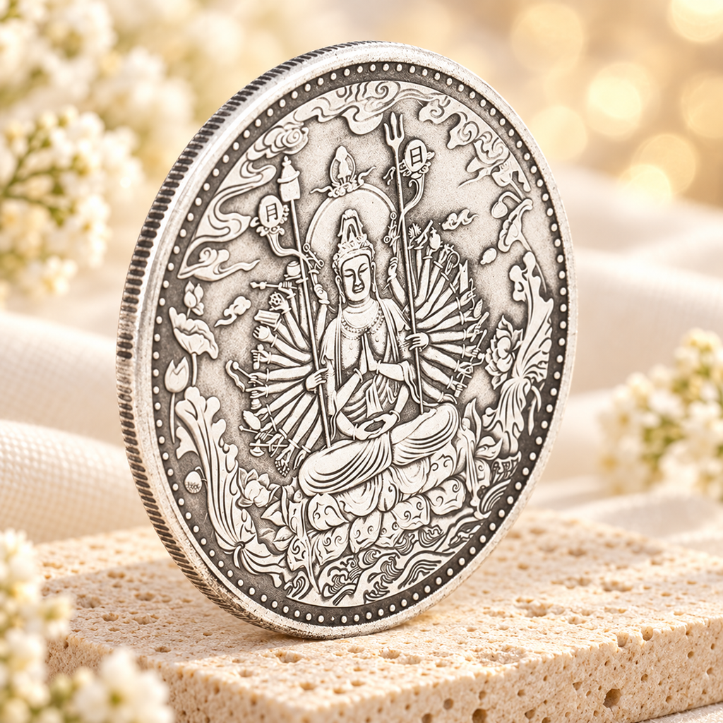 Moeda de Guanyin com múltiplos braços e motivos ornamentais em relevo, fotografada sobre travertino claro.