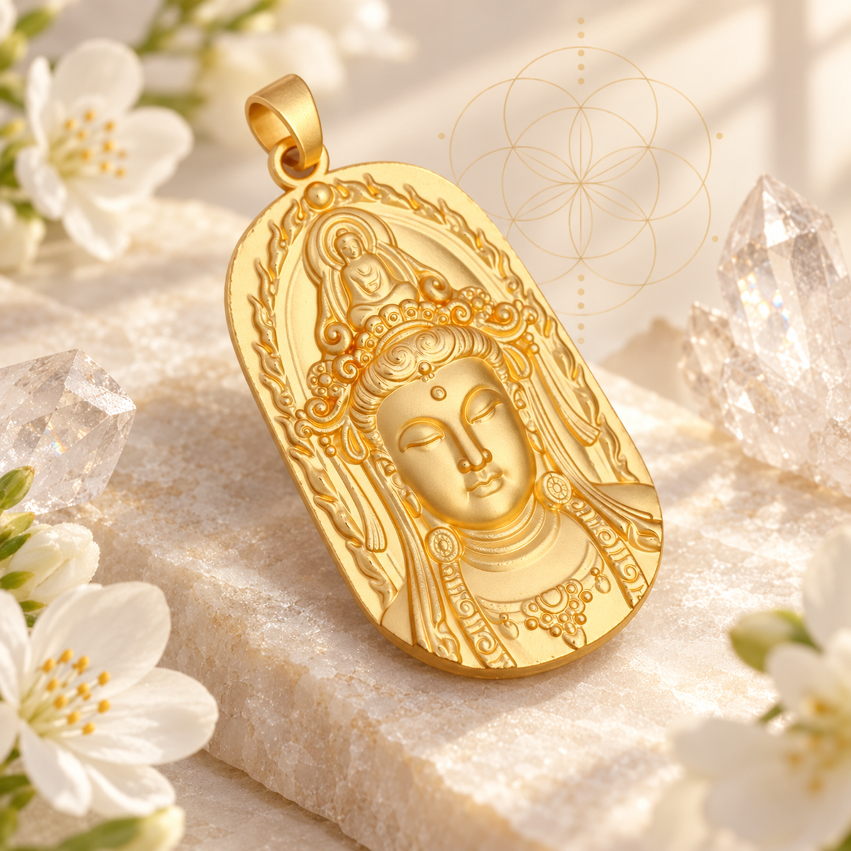Pingente Guanyin dourado em forma de gota em composição Aura555