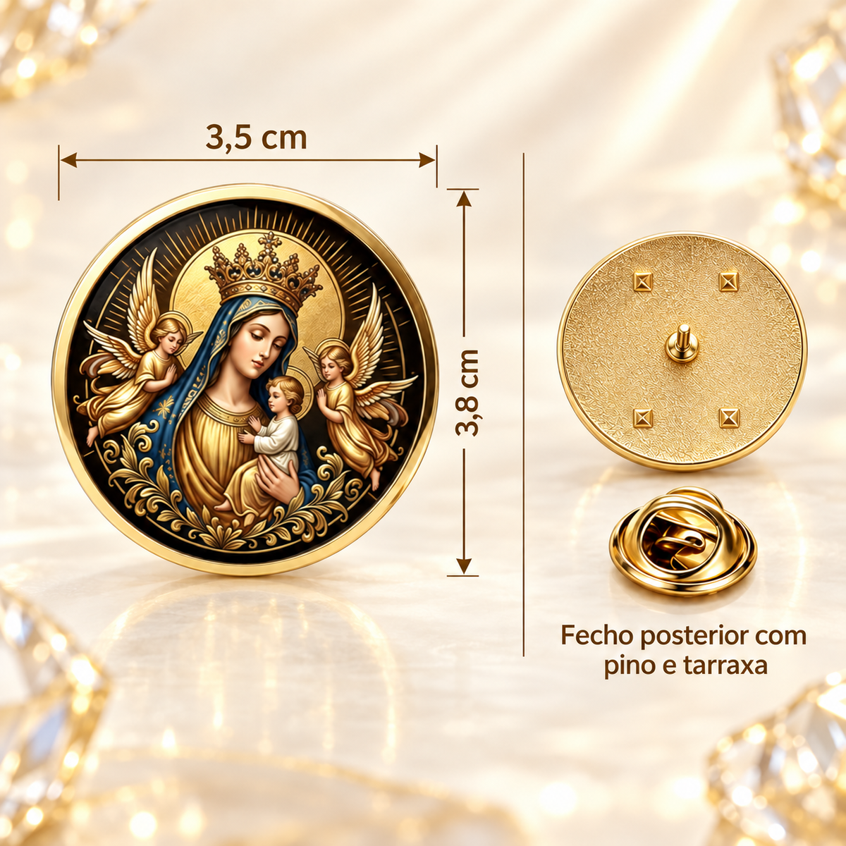 BROCHE VIRGEM MARIA COROADA COM MENINO JESUS