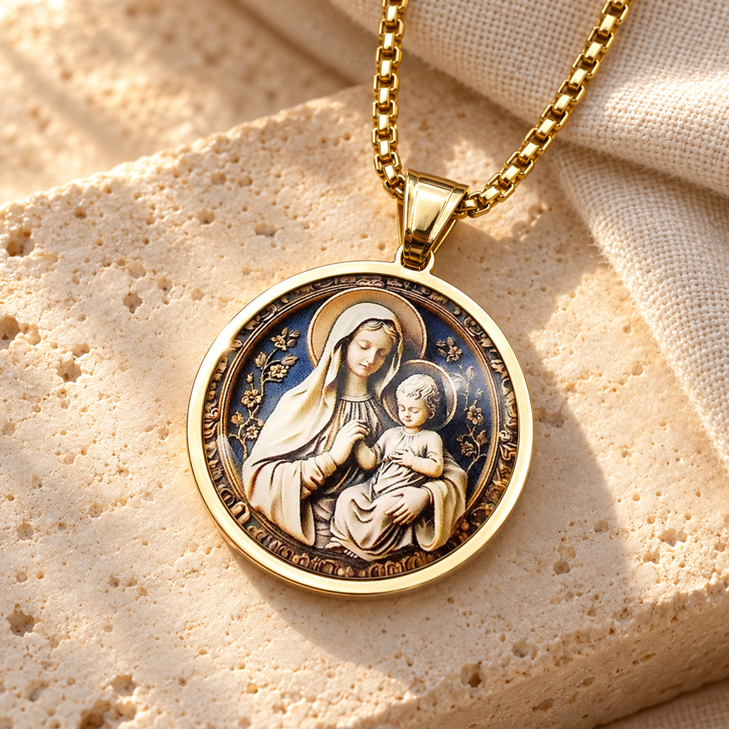 COLAR VIRGEM MARIA COM MENINO JESUS EM AÇO INOXIDÁVEL
