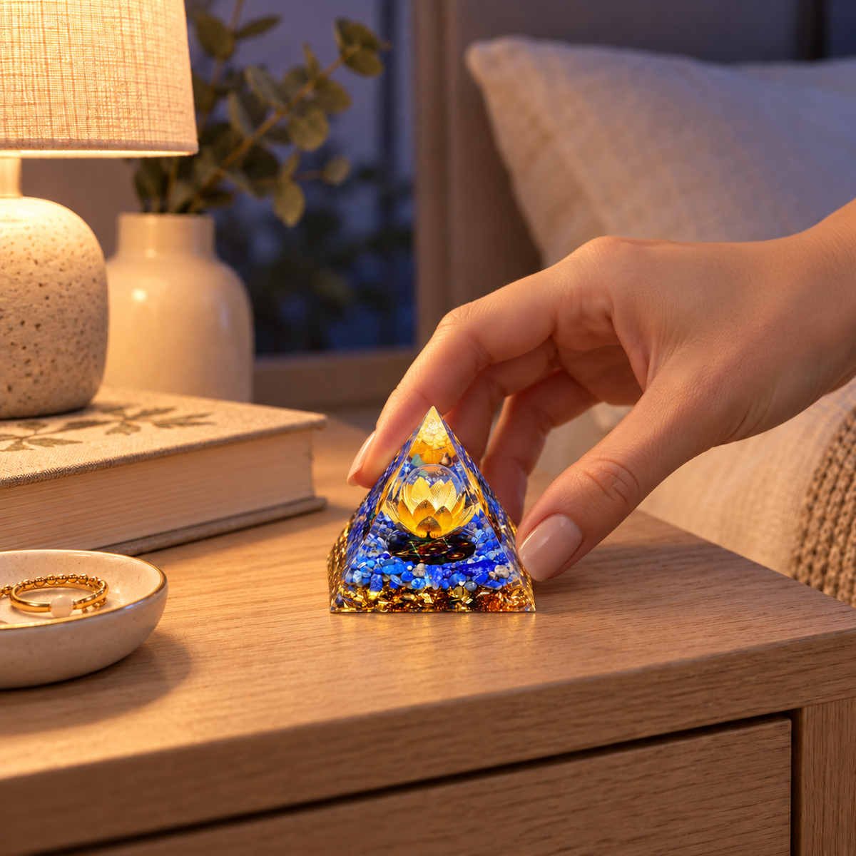 PIRÂMIDE DE ORGONITE LÓTUS COM LÁPIS-LAZÚLI. SABEDORIA, VERDADE E RENASCIMENTO