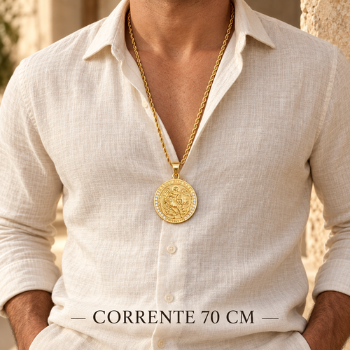 COLAR DE SÃO MIGUEL ARCANJO DOURADO EM AÇO INOXIDÁVEL COM STRASS