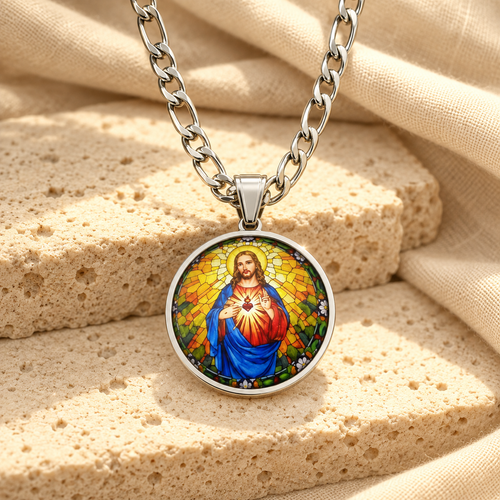 COLAR MEDALHA SAGRADO CORAÇÃO DE JESUS EM AÇO INOXIDÁVEL