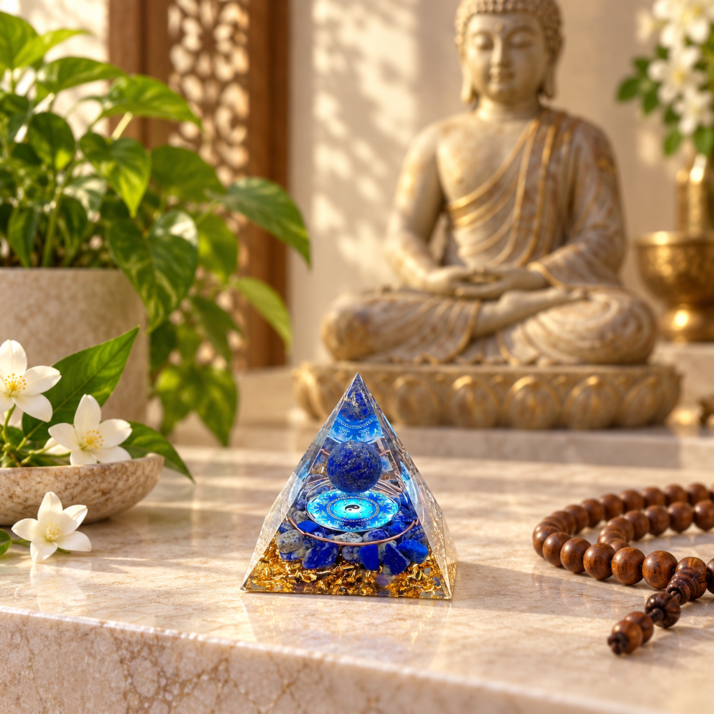 PIRÂMIDE DE ORGONITE TAI CHI COM ESFERA DE LÁPIS-LAZÚLI. EQUILÍBRIO, SABEDORIA E HARMONIA