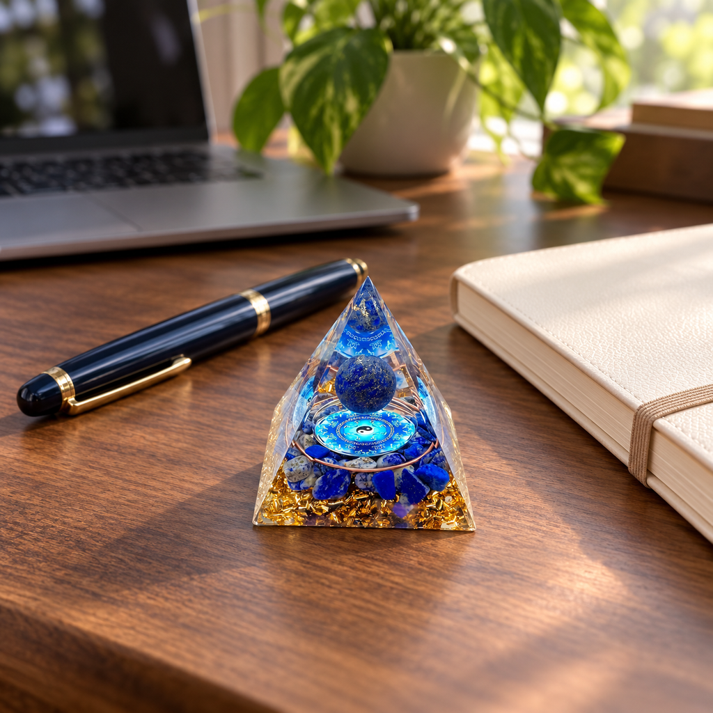 PIRÂMIDE DE ORGONITE TAI CHI COM ESFERA DE LÁPIS-LAZÚLI. EQUILÍBRIO, SABEDORIA E HARMONIA