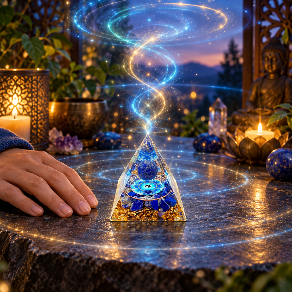PIRÂMIDE DE ORGONITE TAI CHI COM ESFERA DE LÁPIS-LAZÚLI. EQUILÍBRIO, SABEDORIA E HARMONIA